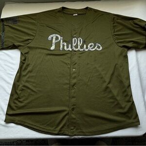 Olive Green Phillies Button-Up Jersey Salute to Service